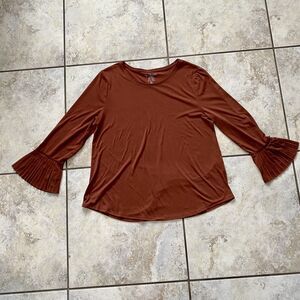 Chicos Long Pleated Sleeve Top Brown Size 2/Large Casual Mature